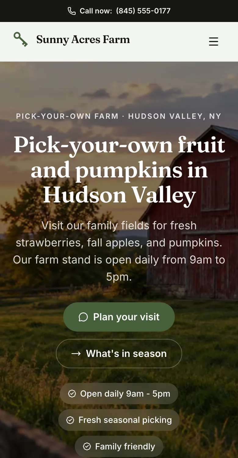 The Sunny Acres Farm website on a phone