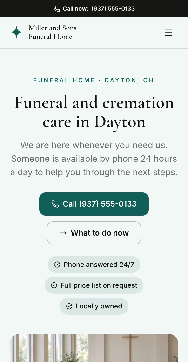 The Miller and Sons Funeral Home website on a phone