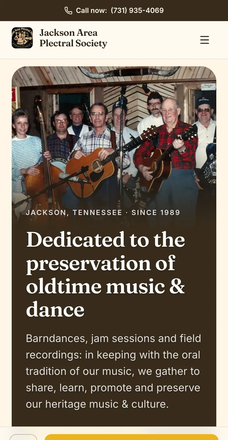 The Jackson Area Plectral Society website on a phone