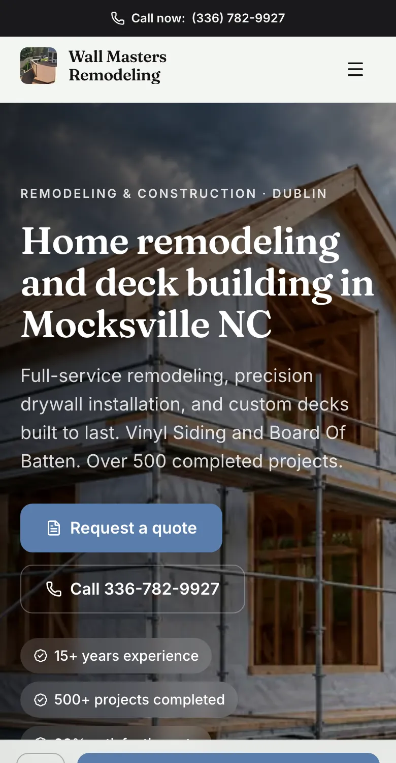 The Wall Masters Remodeling website on a phone
