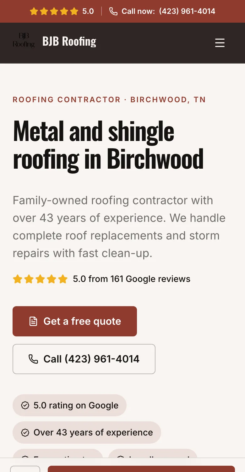 The BJB Roofing website on a phone