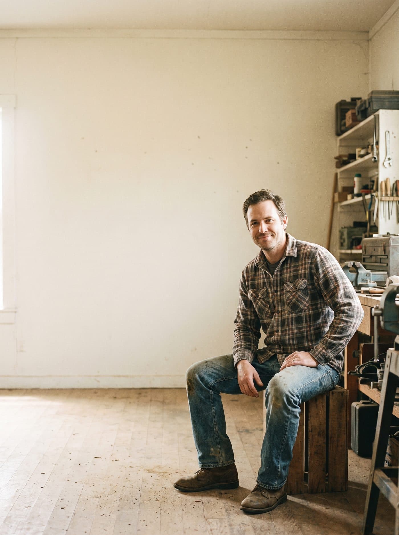 A plumber sitting in his workshop