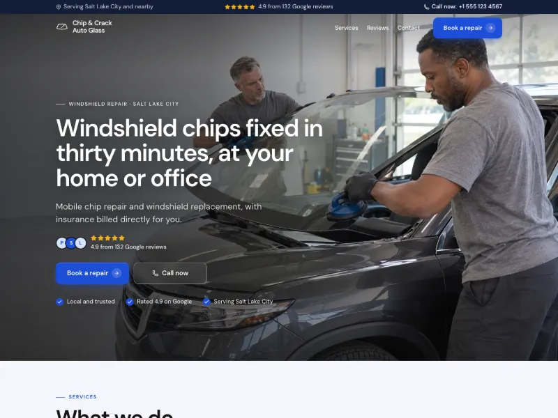 The Windshield Repair website template for automotive, worn by a sample business