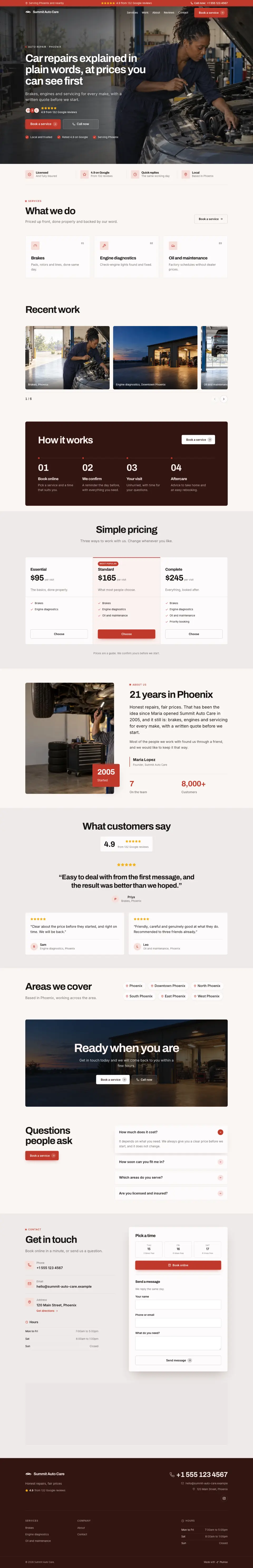 The whole Auto Repair home page on a computer, from the top of the page to the contact section