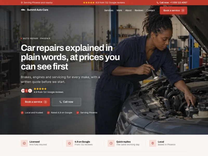 The Auto Repair website template for automotive, worn by a sample business