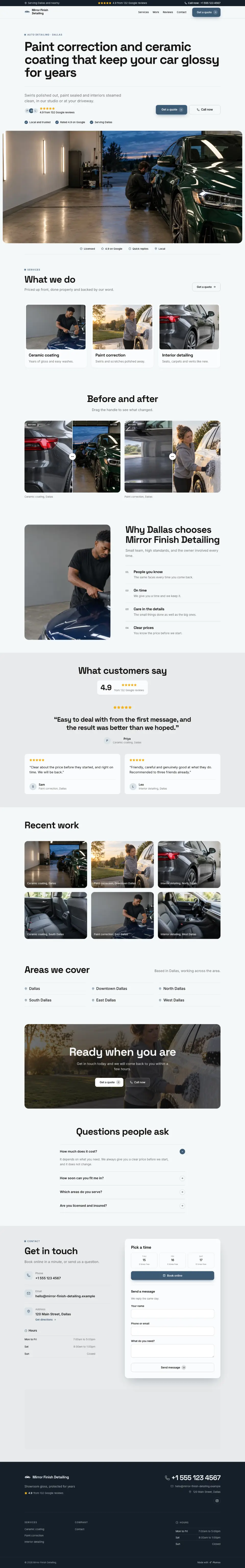 The whole Auto Detailing home page on a computer, from the top of the page to the contact section