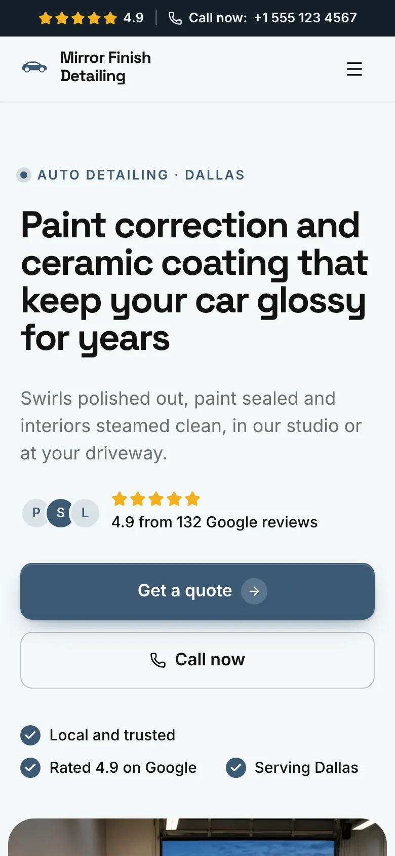 The Auto Detailing template on a phone