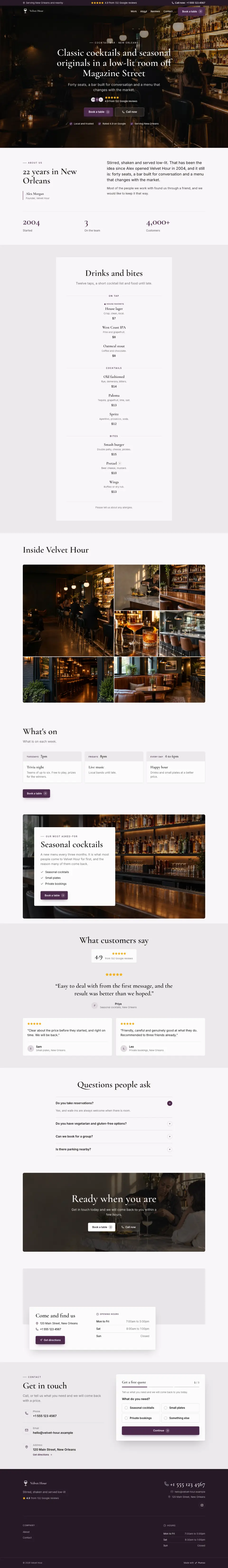 The whole Cocktail Bar home page on a computer, from the top of the page to the contact section