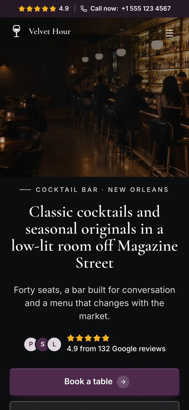 The Cocktail Bar template on a phone