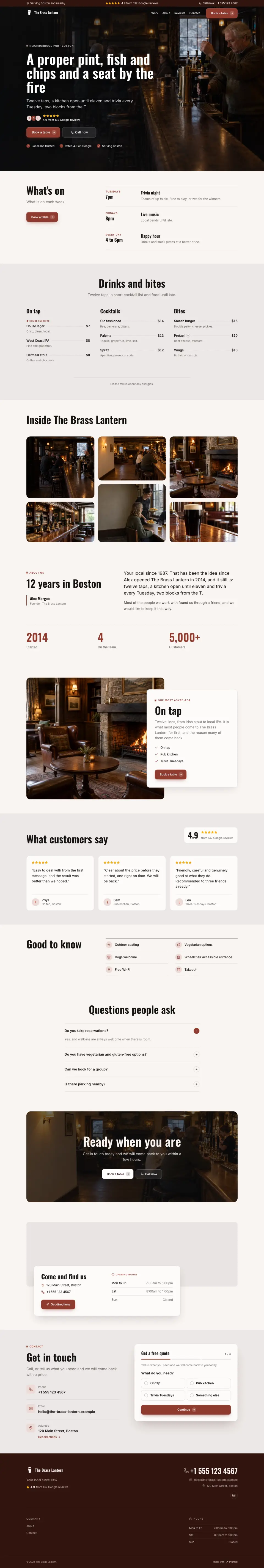 The whole Neighborhood Pub home page on a computer, from the top of the page to the contact section