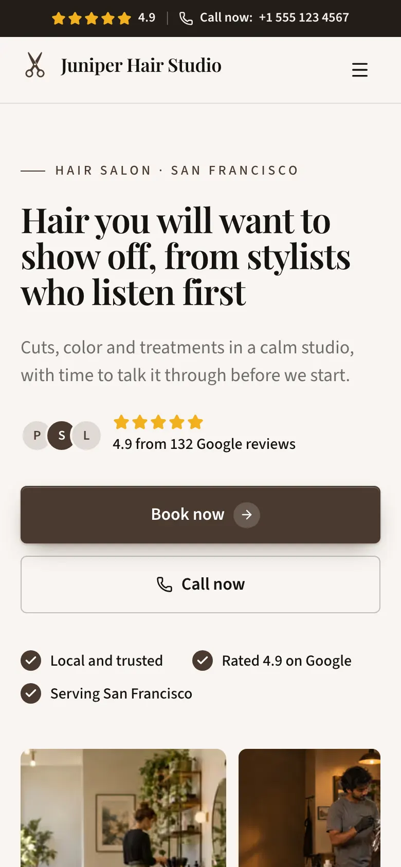 The Hair Salon template on a phone