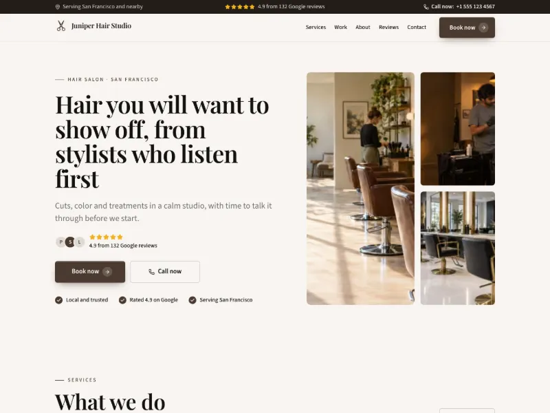 The Hair Salon website template for salons and beauty, worn by a sample business