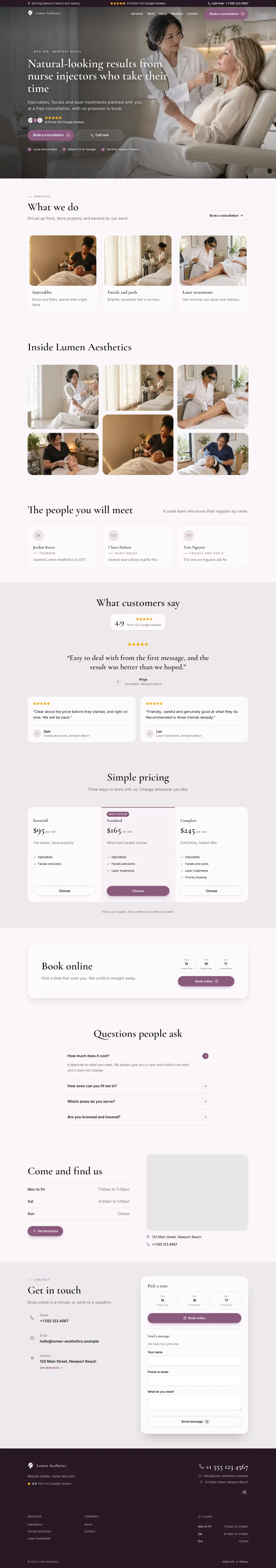The whole Med Spa home page on a computer, from the top of the page to the contact section