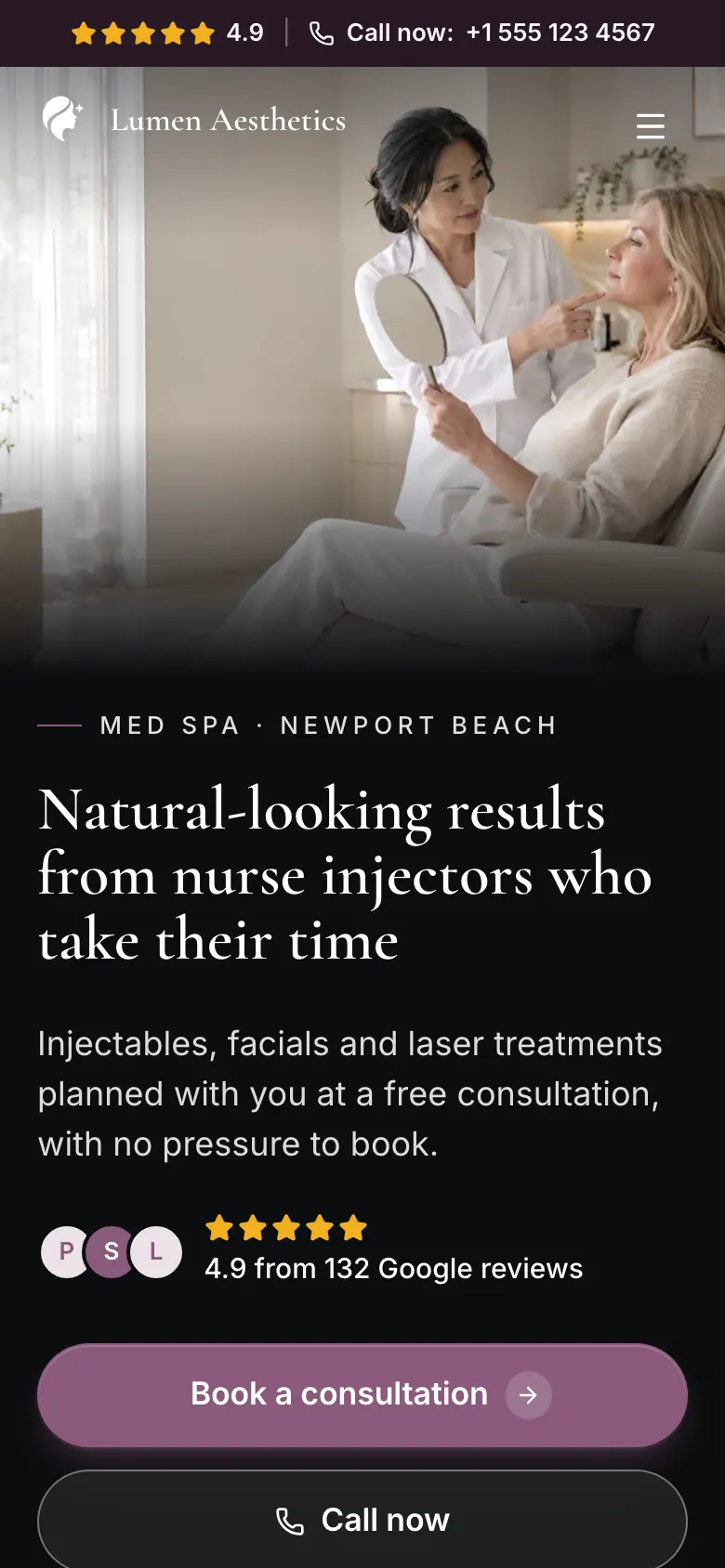 The Med Spa template on a phone