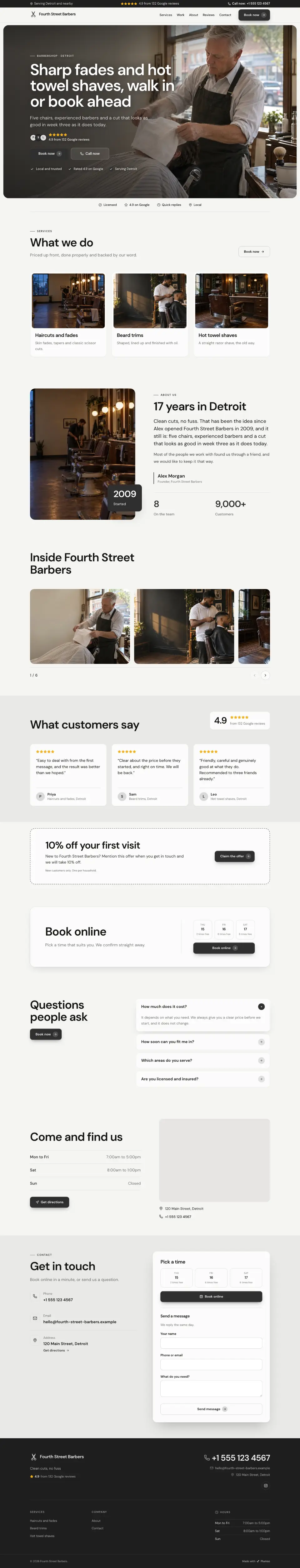 The whole Barbershop home page on a computer, from the top of the page to the contact section