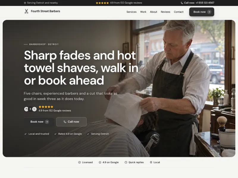 The Barbershop website template for salons and beauty, worn by a sample business