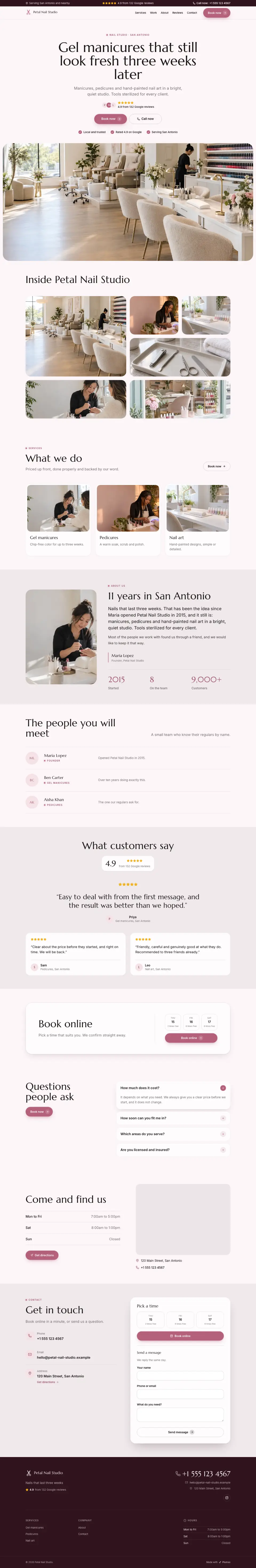 The whole Nail Studio home page on a computer, from the top of the page to the contact section