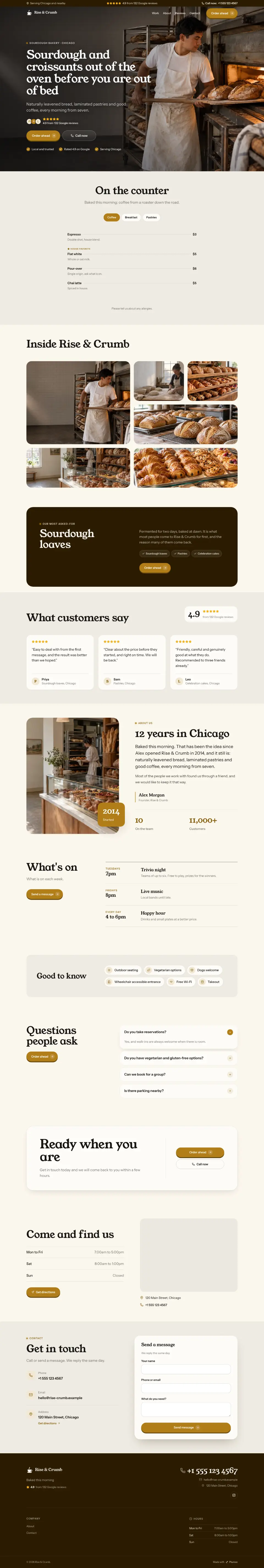The whole Sourdough Bakery home page on a computer, from the top of the page to the contact section