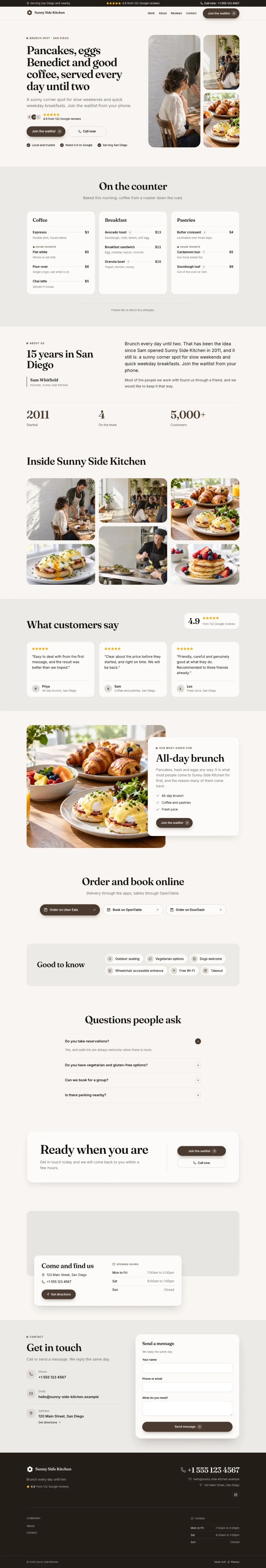 The whole Brunch Spot home page on a computer, from the top of the page to the contact section