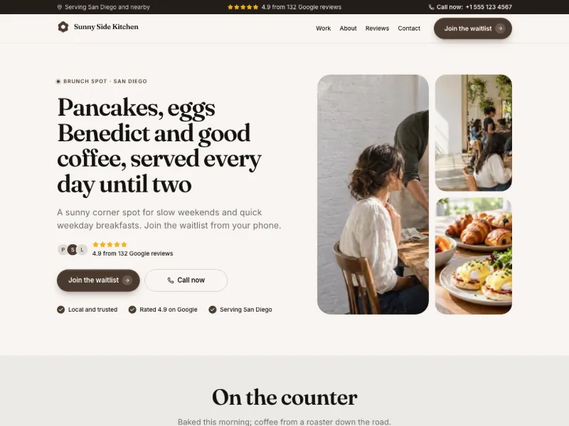 The Brunch Spot website template for cafés and bakeries, worn by a sample business