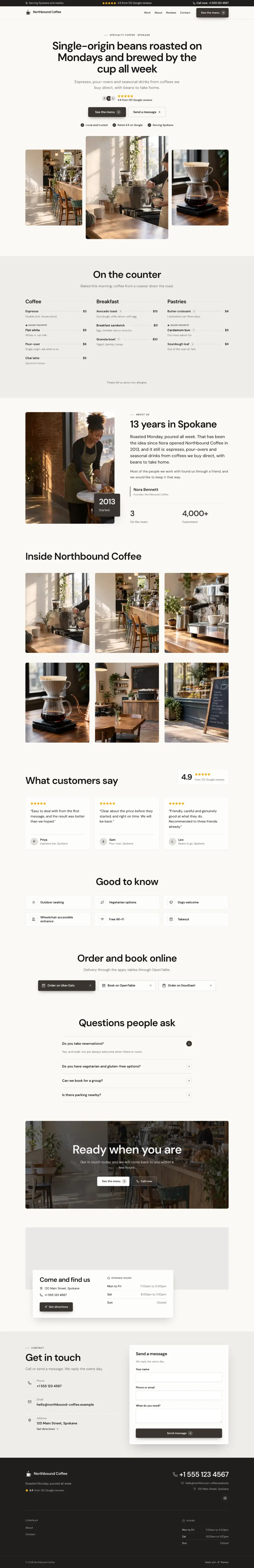 The whole Specialty Coffee home page on a computer, from the top of the page to the contact section
