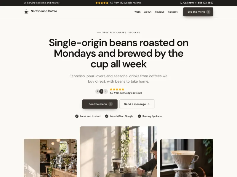 The Specialty Coffee website template for cafés and bakeries, worn by a sample business