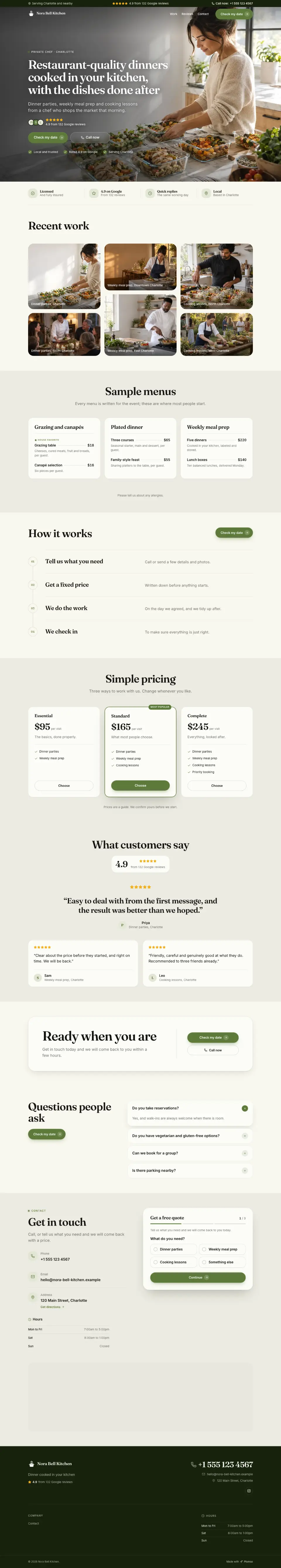 The whole Private Chef home page on a computer, from the top of the page to the contact section