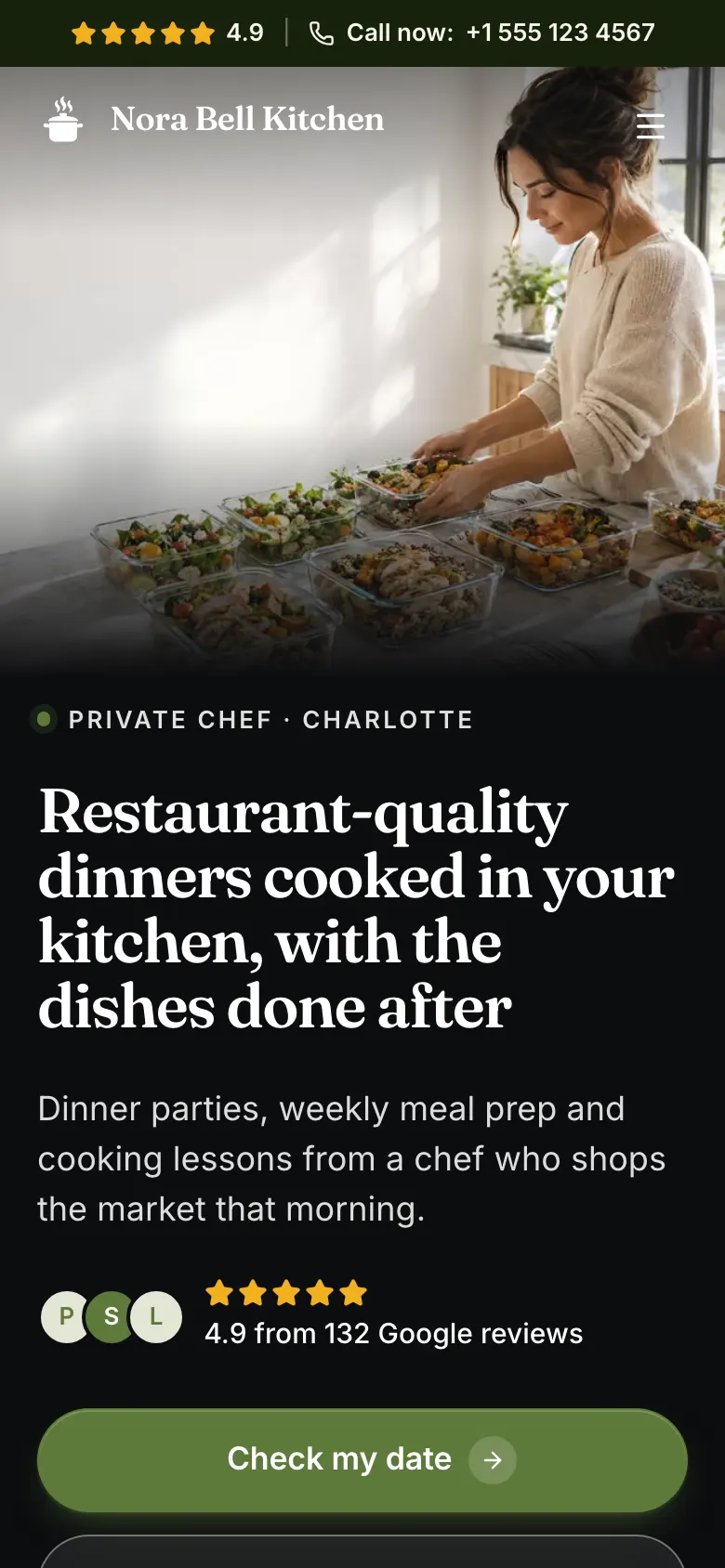 The Private Chef template on a phone