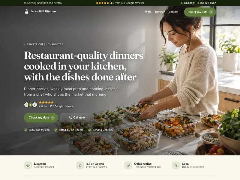 The Private Chef website template for catering, worn by a sample business