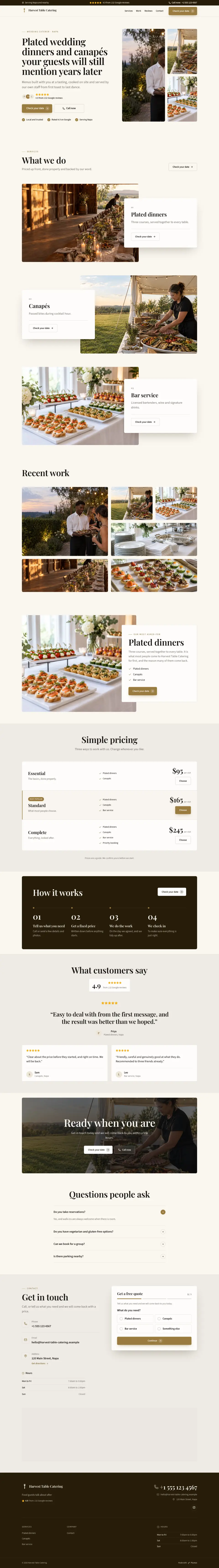 The whole Wedding Caterer home page on a computer, from the top of the page to the contact section