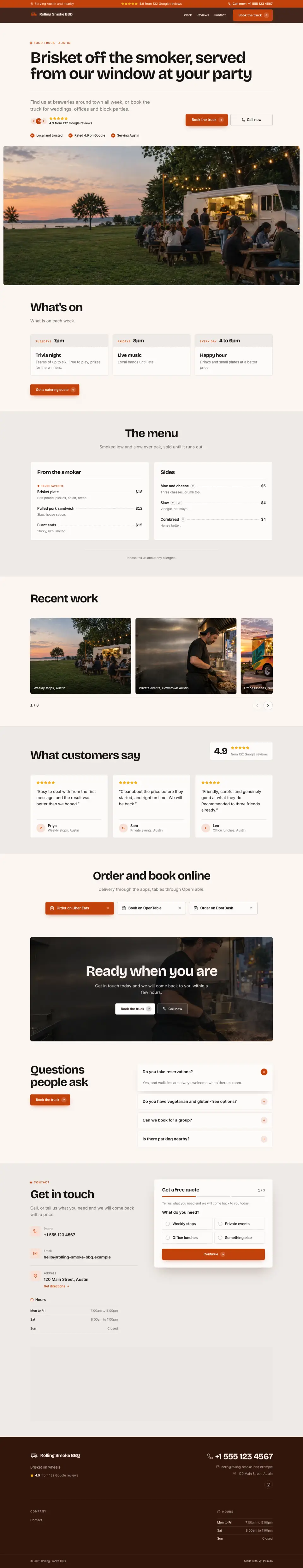 The whole Food Truck home page on a computer, from the top of the page to the contact section