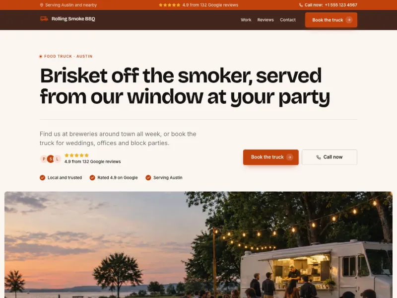 The Food Truck website template for catering, worn by a sample business