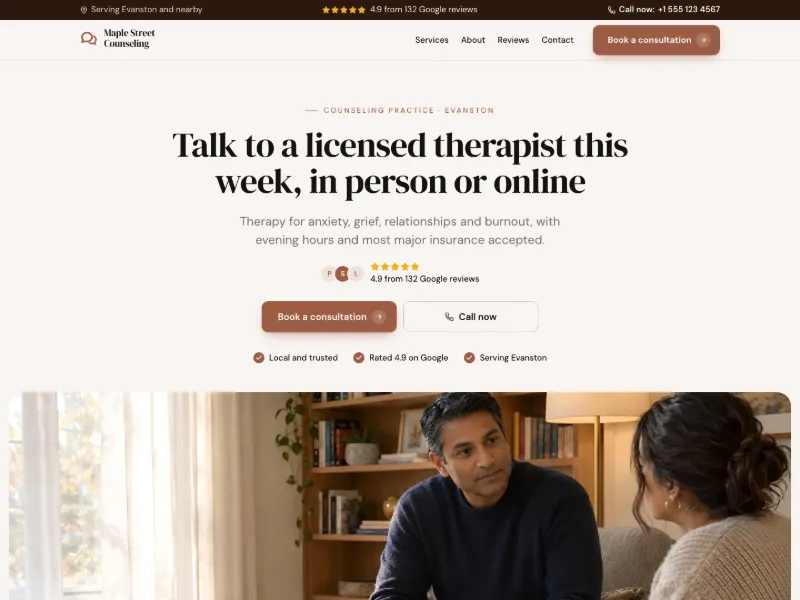 The Counseling Practice website template for coaches and consultants, worn by a sample business