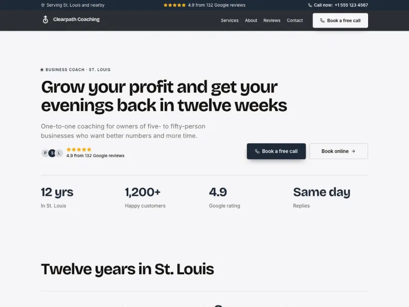 The Business Coach website template for coaches and consultants, worn by a sample business