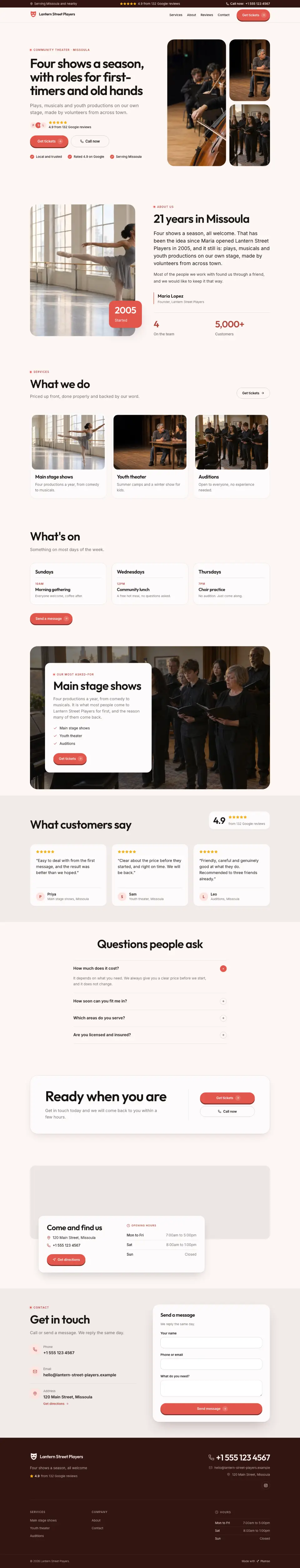 The whole Community Theater home page on a computer, from the top of the page to the contact section