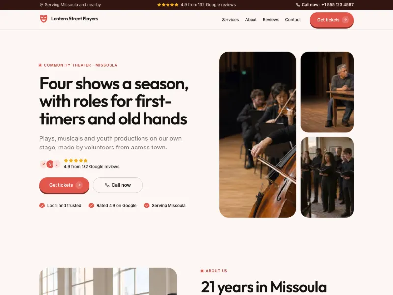 The Community Theater website template for community and nonprofit, worn by a sample business