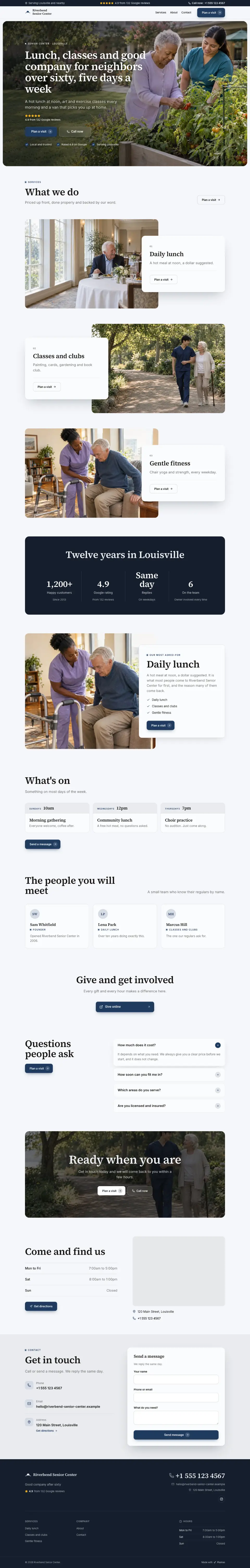 The whole Senior Center home page on a computer, from the top of the page to the contact section