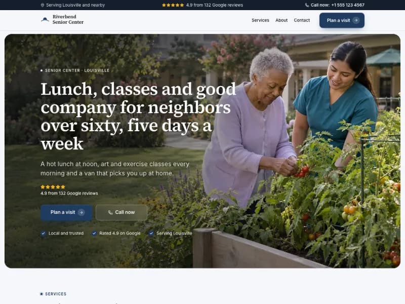 The Senior Center website template for community and nonprofit, worn by a sample business