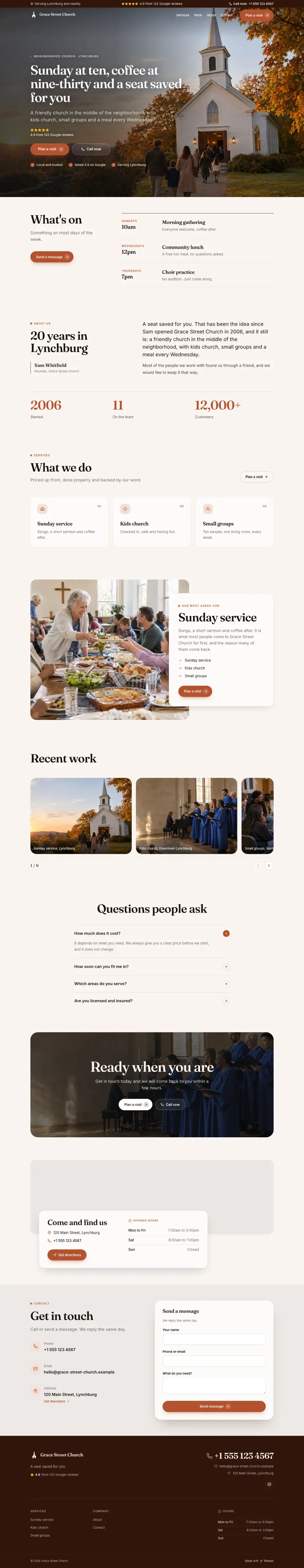 The whole Neighborhood Church home page on a computer, from the top of the page to the contact section