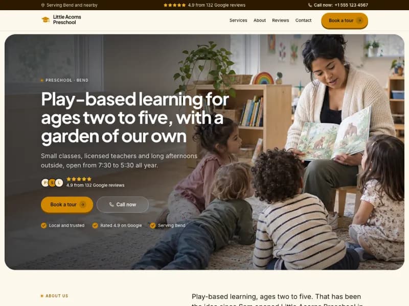 The Preschool website template for lessons and tutoring, worn by a sample business