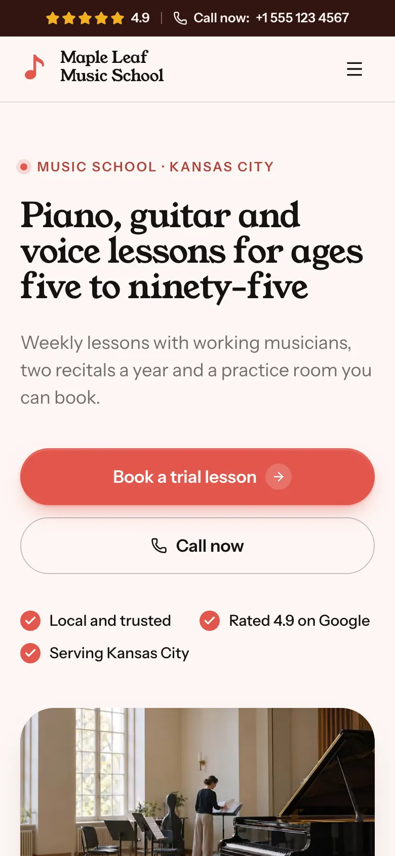 The Music School template on a phone
