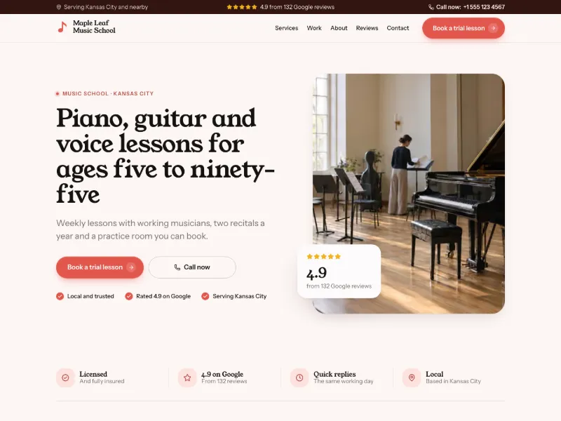 The Music School website template for lessons and tutoring, worn by a sample business