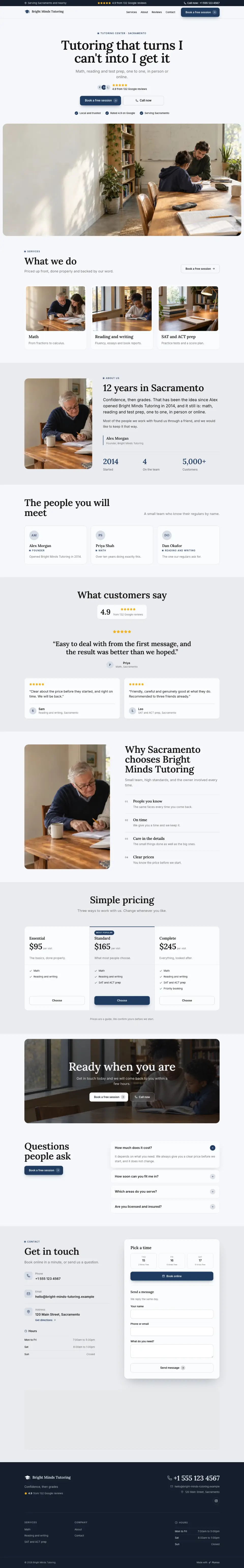The whole Tutoring Center home page on a computer, from the top of the page to the contact section