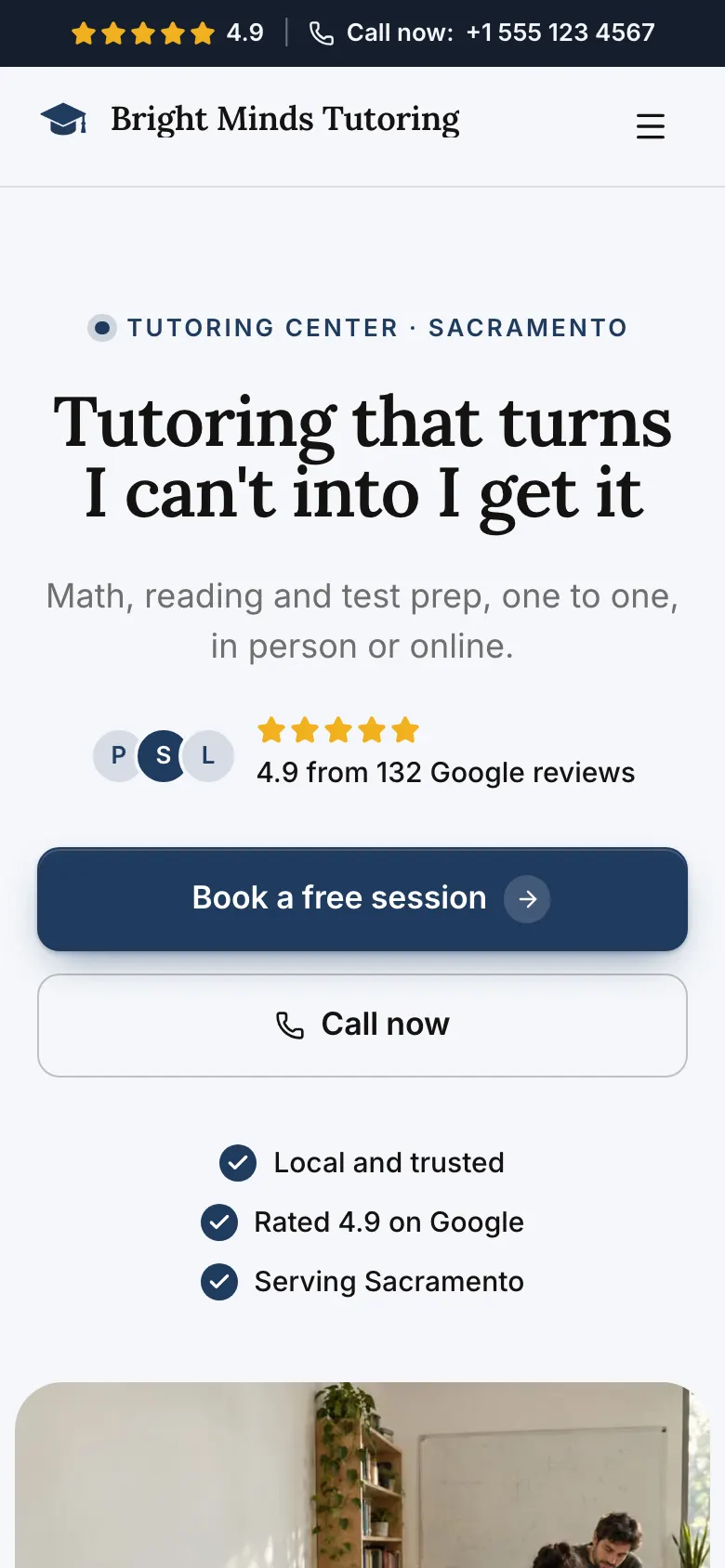 The Tutoring Center template on a phone