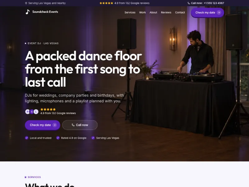The Event DJ website template for events and entertainment, worn by a sample business