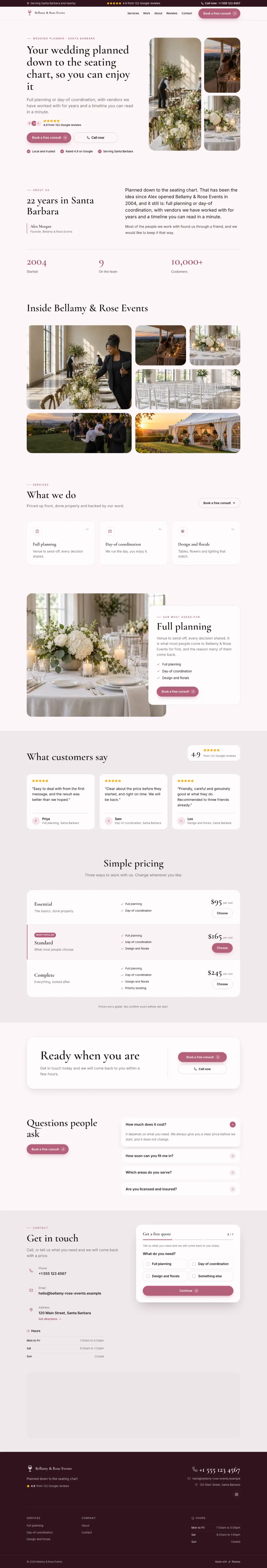 The whole Wedding Planner home page on a computer, from the top of the page to the contact section