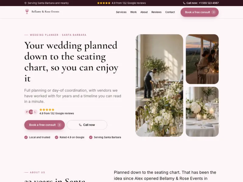The Wedding Planner website template for events and entertainment, worn by a sample business