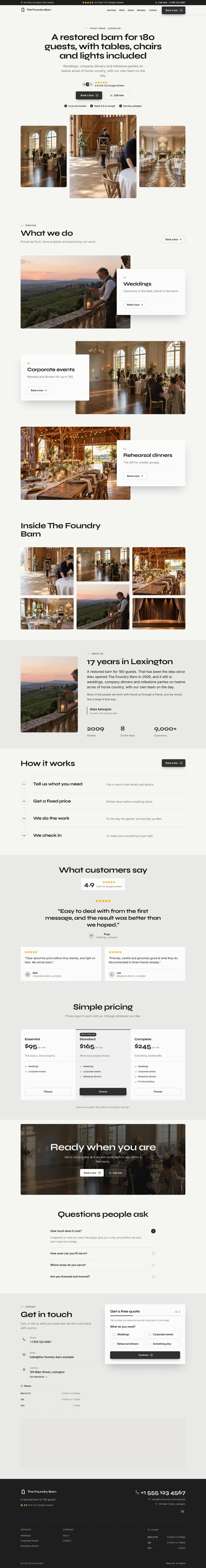 The whole Event Venue home page on a computer, from the top of the page to the contact section