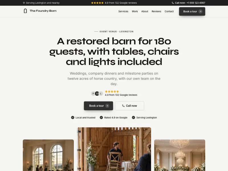 The Event Venue website template for events and entertainment, worn by a sample business