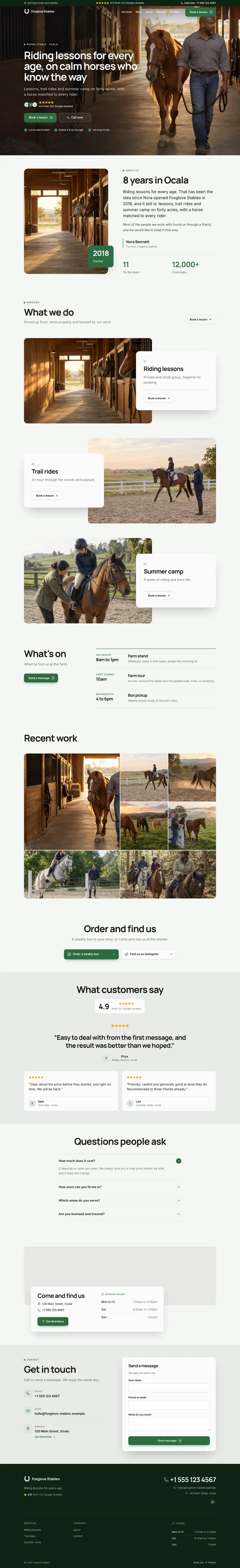 The whole Riding Stable home page on a computer, from the top of the page to the contact section